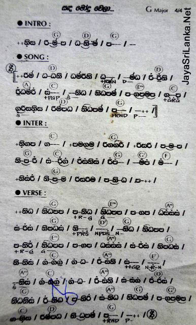 Sanda Modu Wela Sinhala Song Notation
